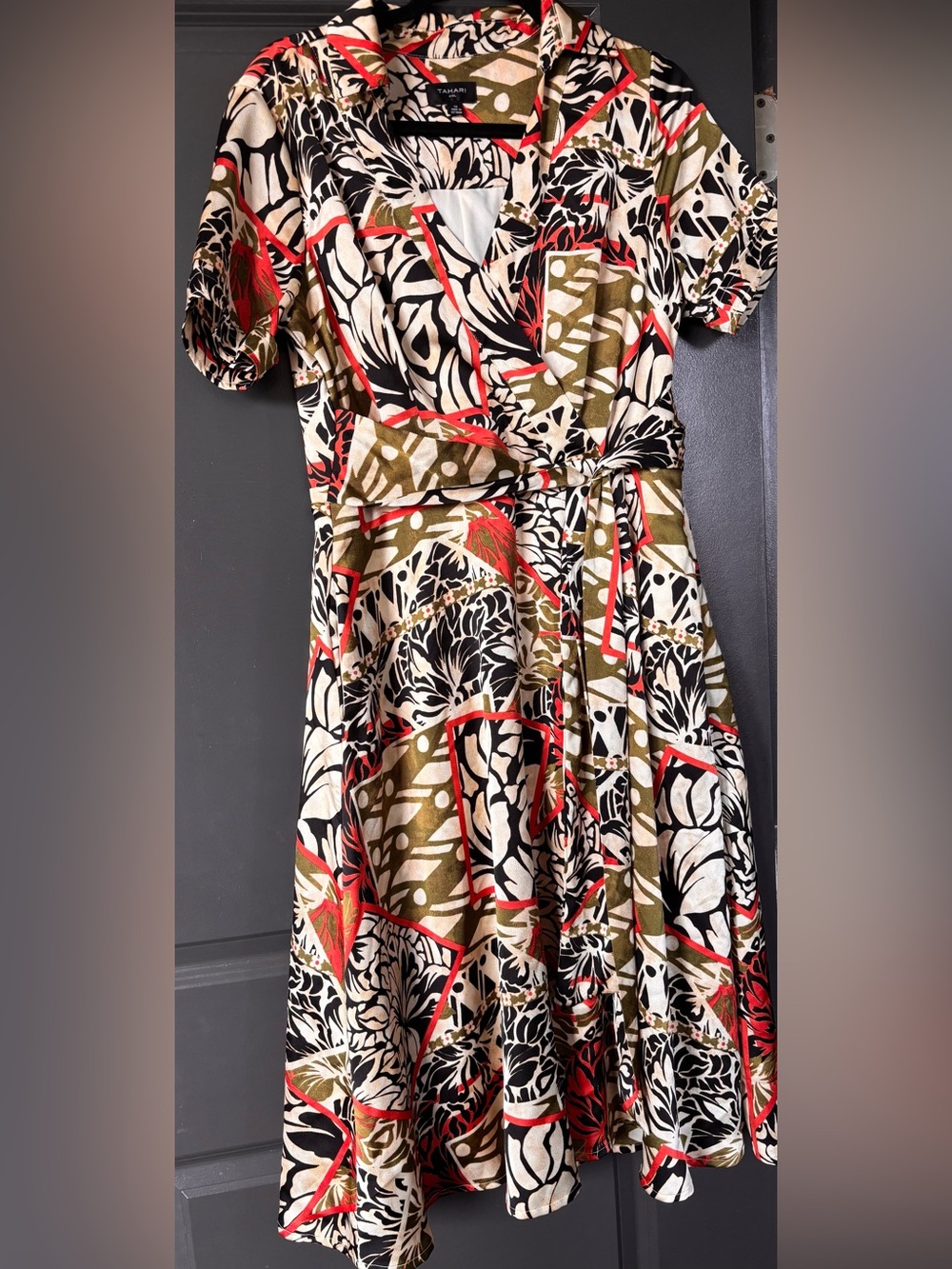 Tahari ASL Olive, Black, Cream & Red Floral Wrap Midi Dress